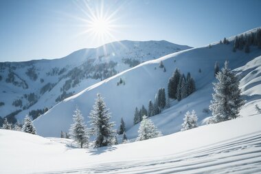Strahlende Winterlandschaft mit verschneiten Bergen und Sonne am Hochkönig.  | © Hochkönig Tourismus GmbH