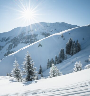 Strahlende Winterlandschaft mit verschneiten Bergen und Sonne am Hochkönig.  | © Hochkönig Tourismus GmbH