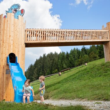 Kinder spielen auf Abenteuer-Spielplatz in der Natur der Region Hochkönig, umgeben von Bergen und Wäldern. | © Hochkönig Tourismus GmbH